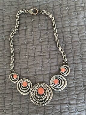 Silver-Tone Statement Necklace with Coral Accents